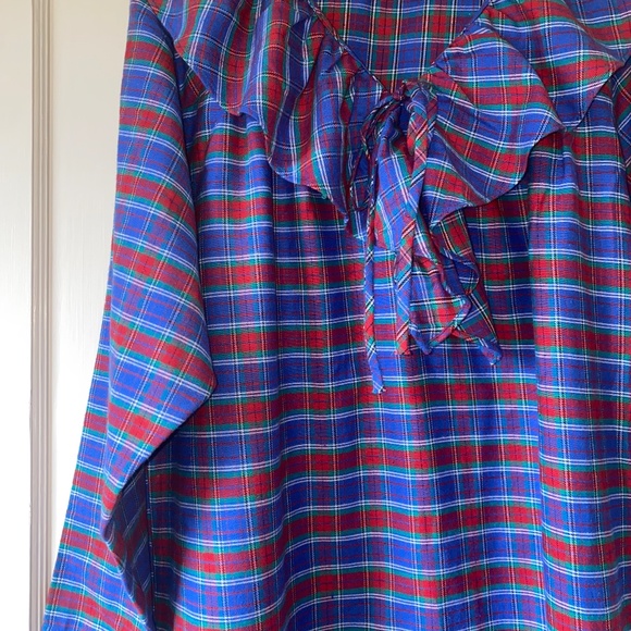 Eddie Bauer Womens L Ruffle Neck 3/4 length Nightgown Red Blue PLAID 90s USA - Picture 6 of 14